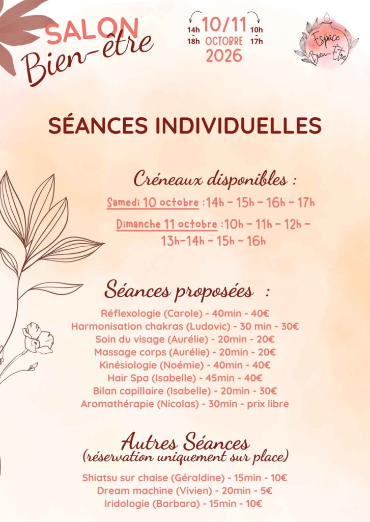 programme séances individuelles au salon bien-être de l'Herberie de la Saulx